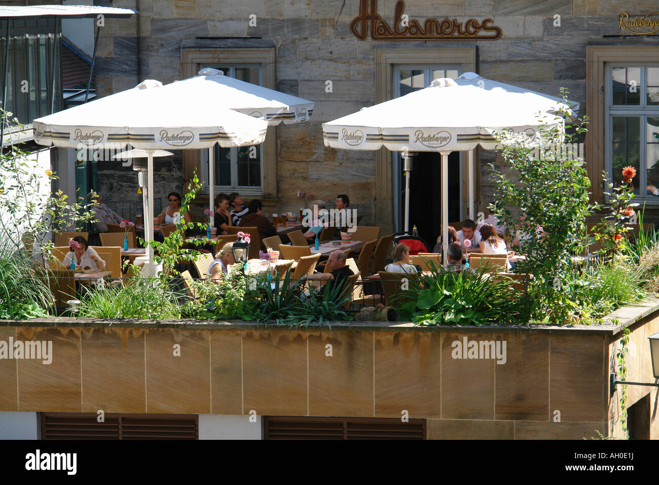 Terrace restaurant in old town Bamberg Upper Franconia Bavaria Germany
