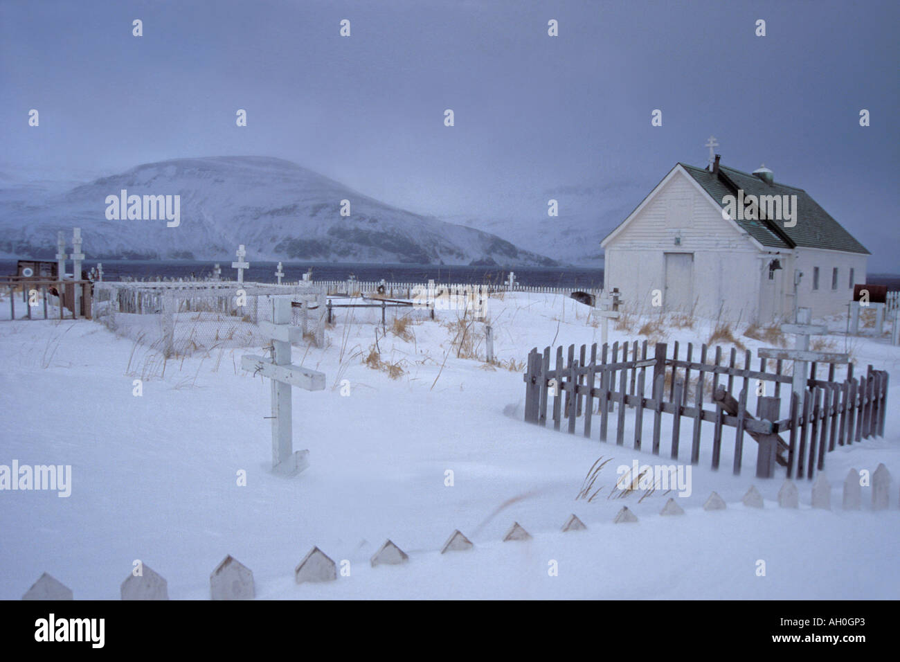 Russian orthodox church and graveyard Aleutian Islands Alaska Stock Photo