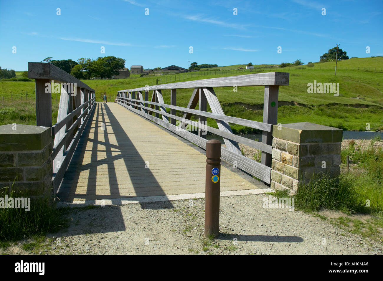 new wooden bridge over river in Lancashire Stock Photo