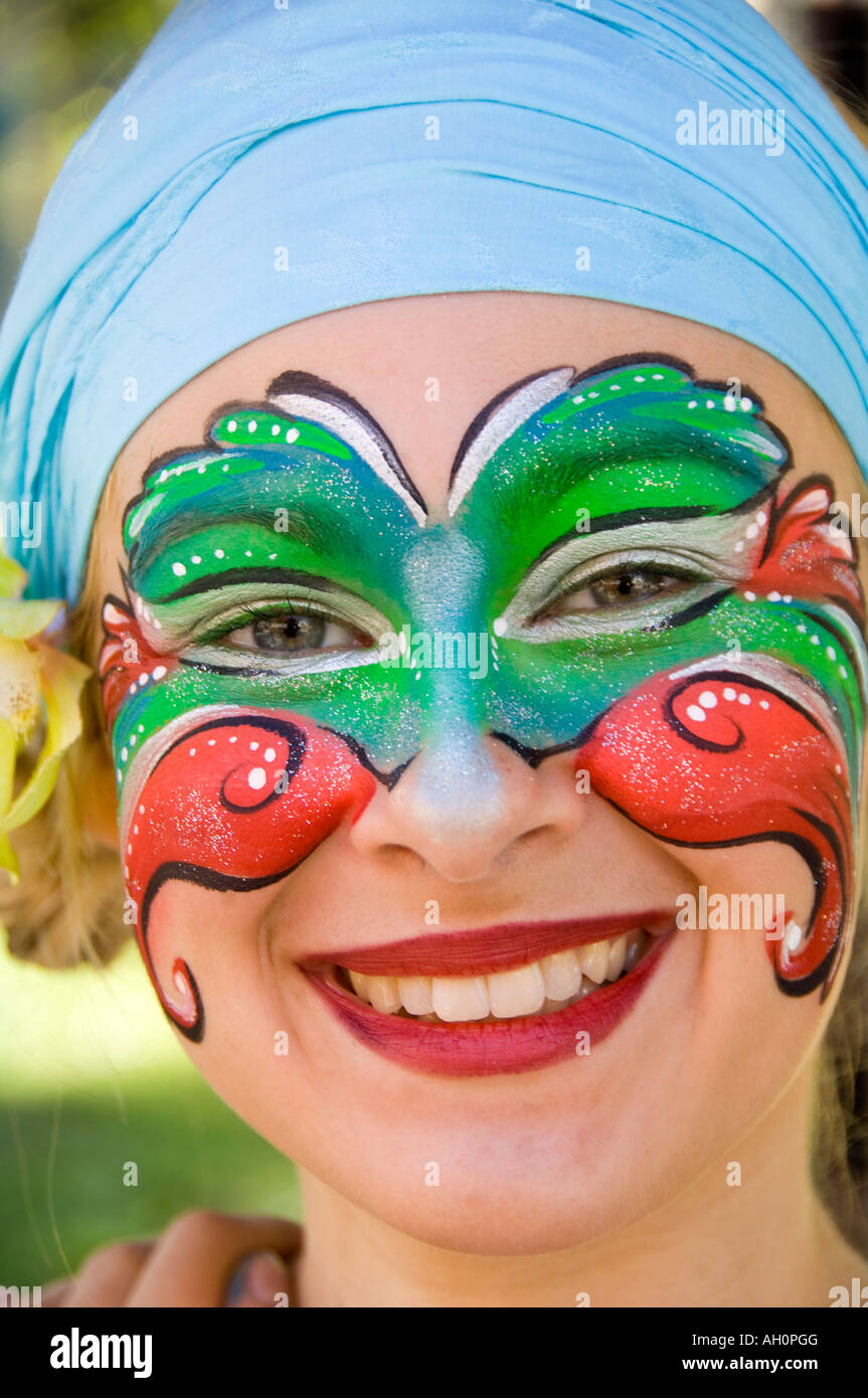 Canada Quebec Old Quebec city Place d Armes Portrait of attractive woman face painter Stock Photo