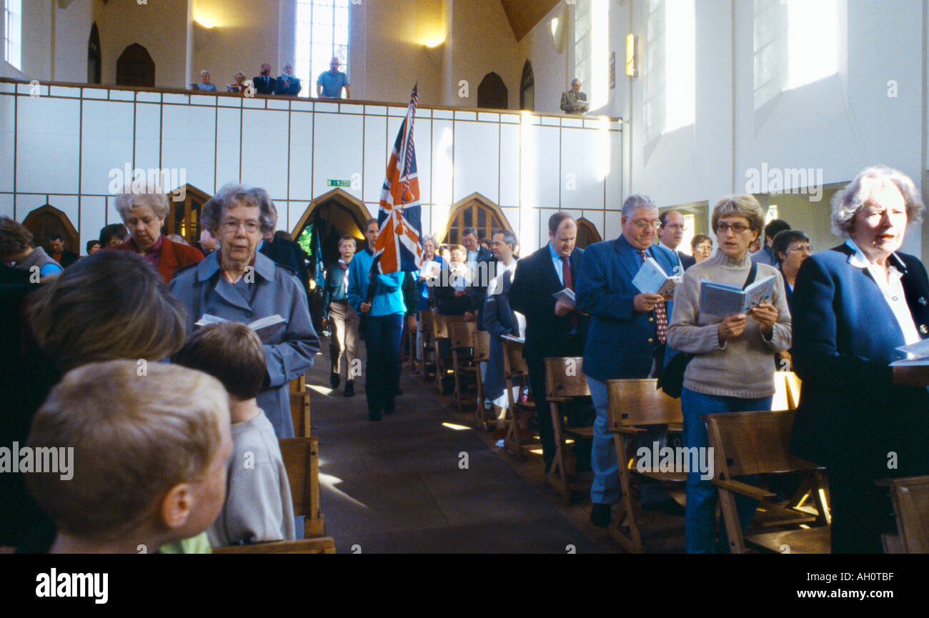 St Andrew's Presbyterian Church Rememberance Sunday Carrying Banner Into Church Stock Photo