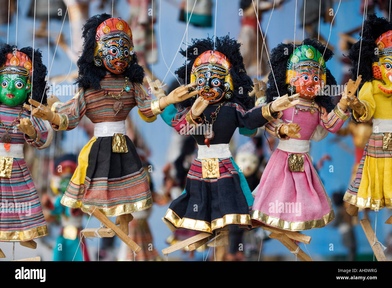 Wooden painted string puppets in a shop front. Kathmandu, Nepal Stock