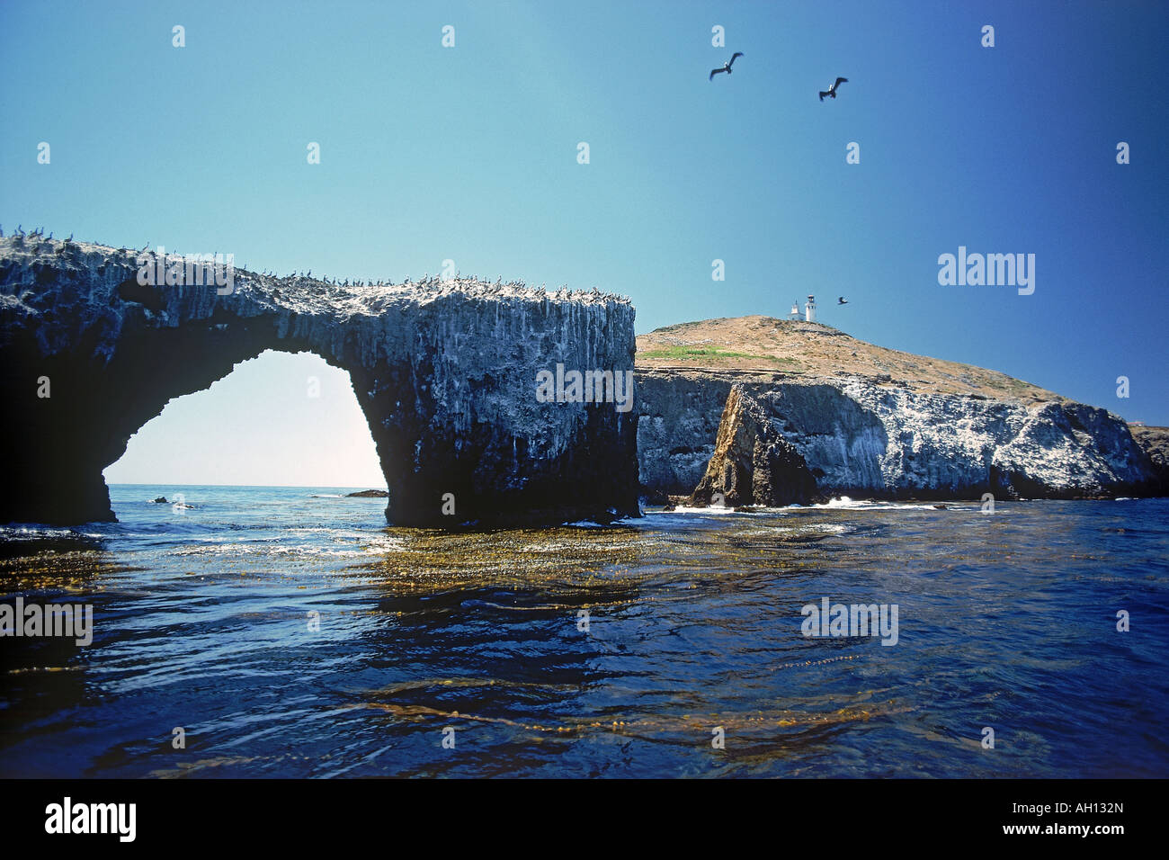 Anacapa Island Lighthouse in Channel Islands National Park at Santa Barbara Channel east entrance off Southern California coast Stock Photo