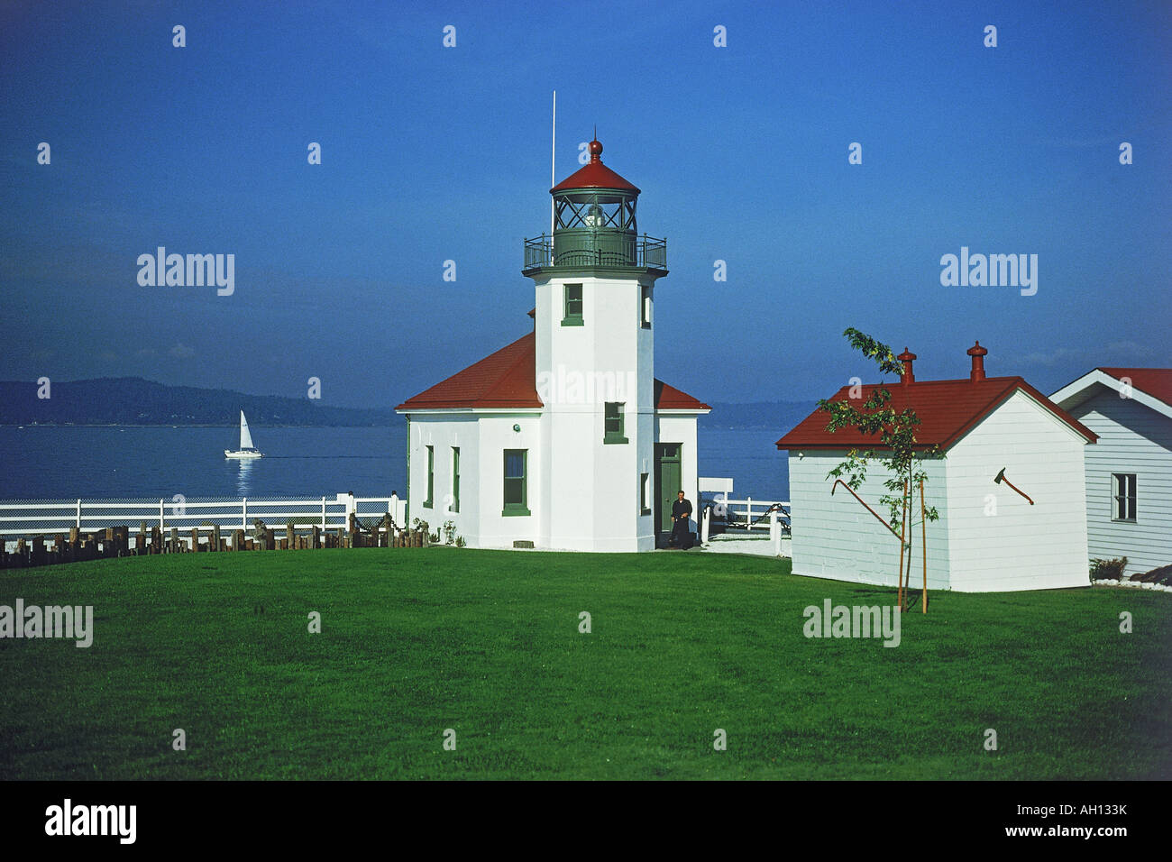 Alki Lighthouse at the south entrance to Seattle's Elliot Bay in Washington Stock Photo