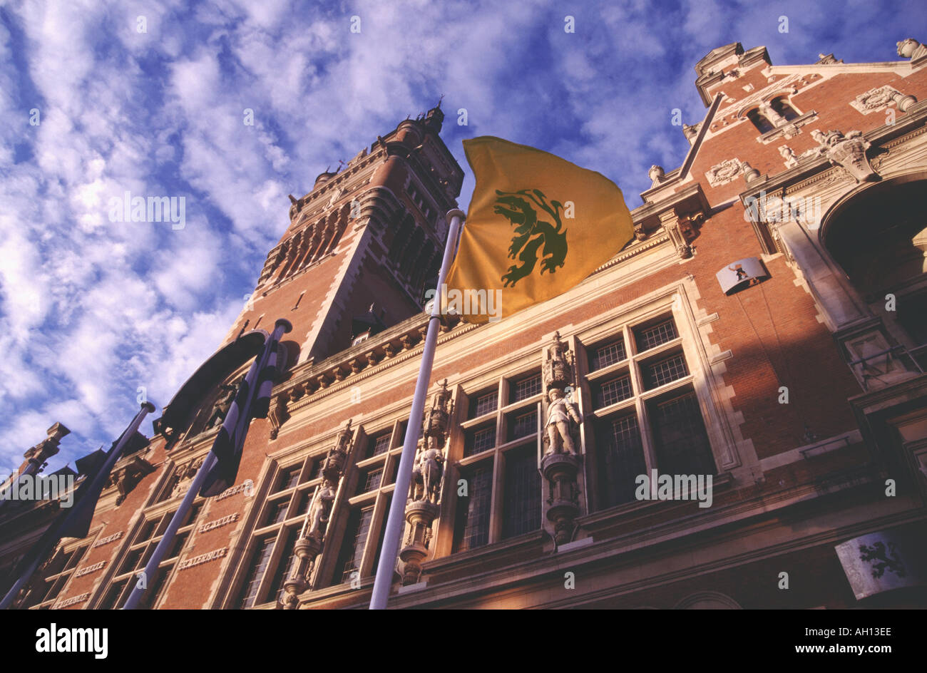 Dunkerque Dunkirk town hall Flemish part of northern France Europe with the Flemish flag in front of it Stock Photo