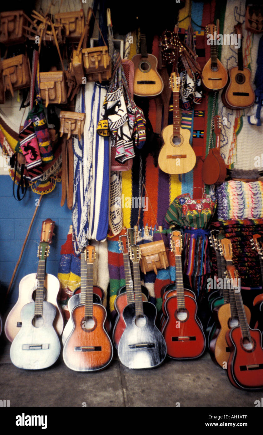 Guitars and other crafts for sale in the Ex Cuartel handicrafts market, San Salvador, El Salvador Stock Photo