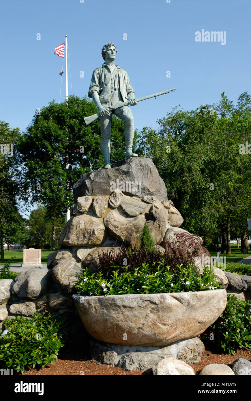 Memorial statue of Captain John Parker at Lexington Battle Green site of the beginning of the American Revolution Stock Photo