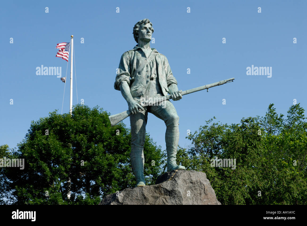 Memorial statue of Captain John Parker at Lexington Battle Green site of the beginning of the American Revolution Stock Photo