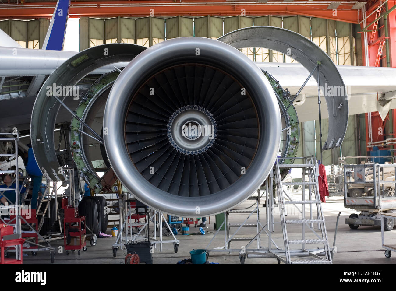 opened aircraft engine in the hangar Stock Photo