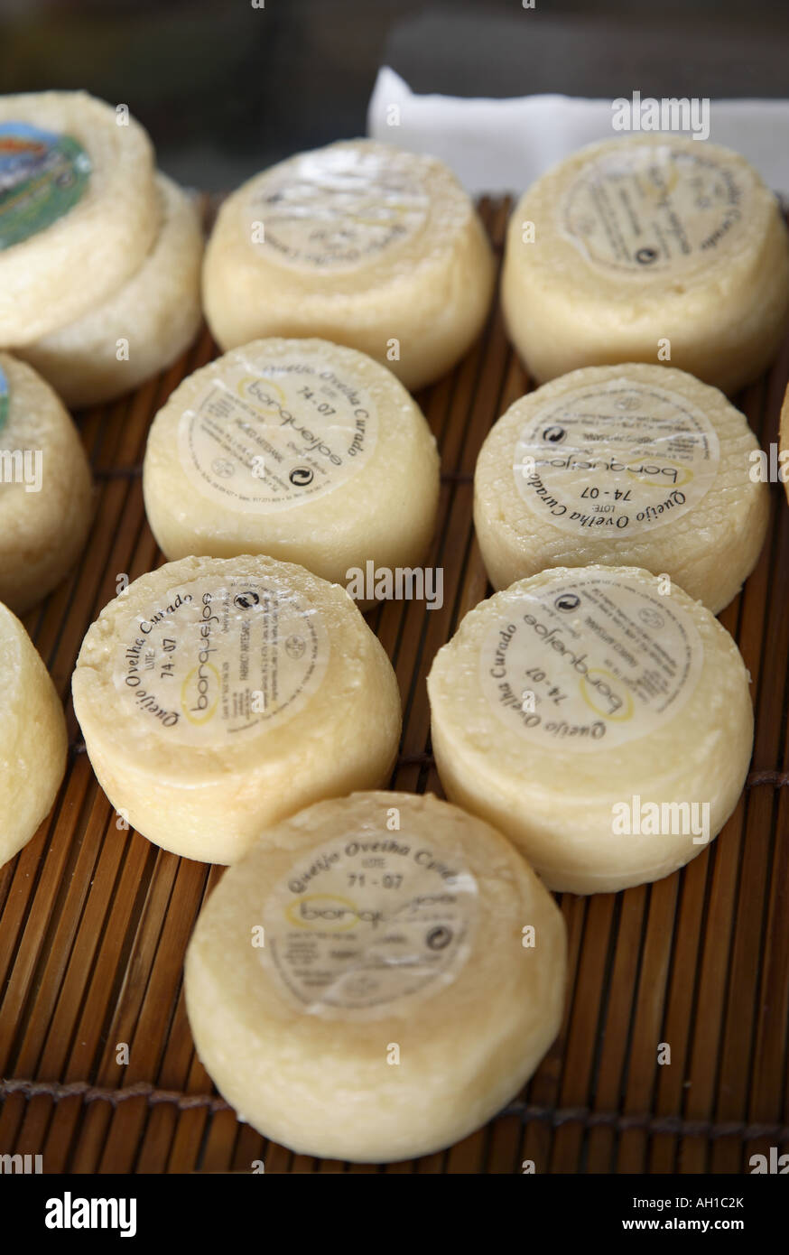 Typical Portuguese Cheese on sale in Mertola, Alentejo, Portugal Stock