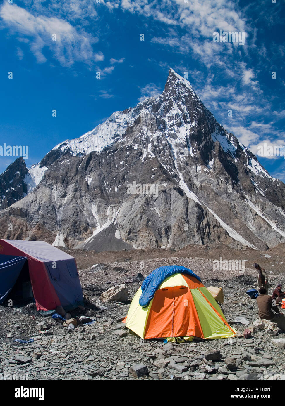 Concordia camp and Mitre Peak on the Baltoro Glacier Pakistan Stock Photo