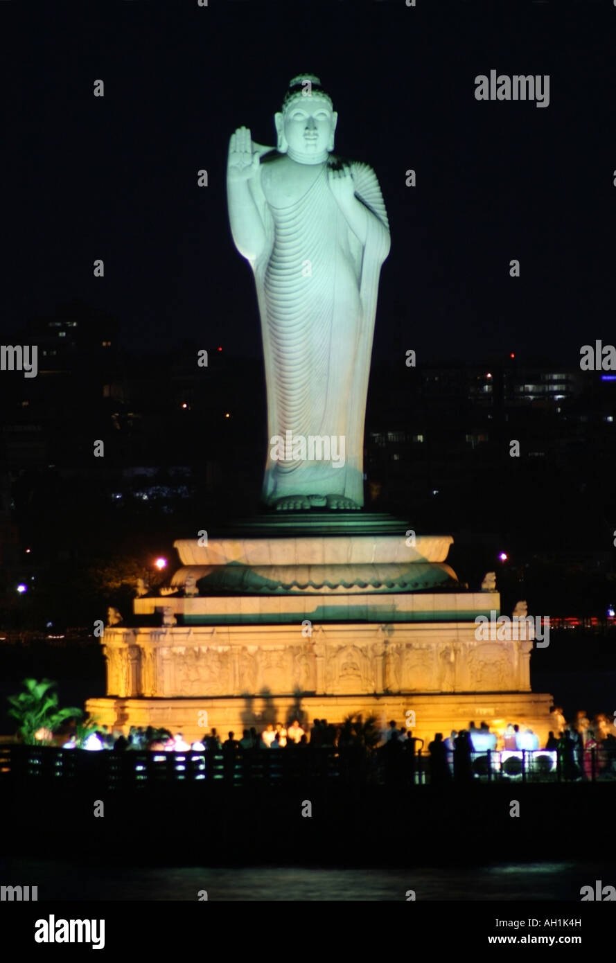 17 . 5 metre high Buddha Statue at night , Hussain Sagar , Hyderabad