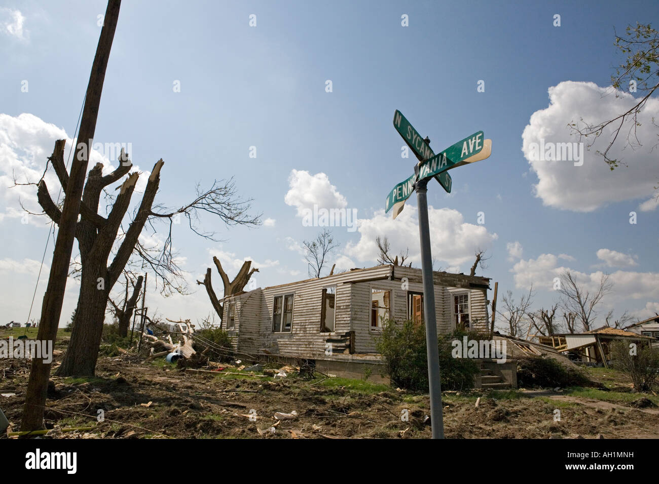 Tornado damaged Pennsylvania Avenue street sign in Greensburg, Kansas