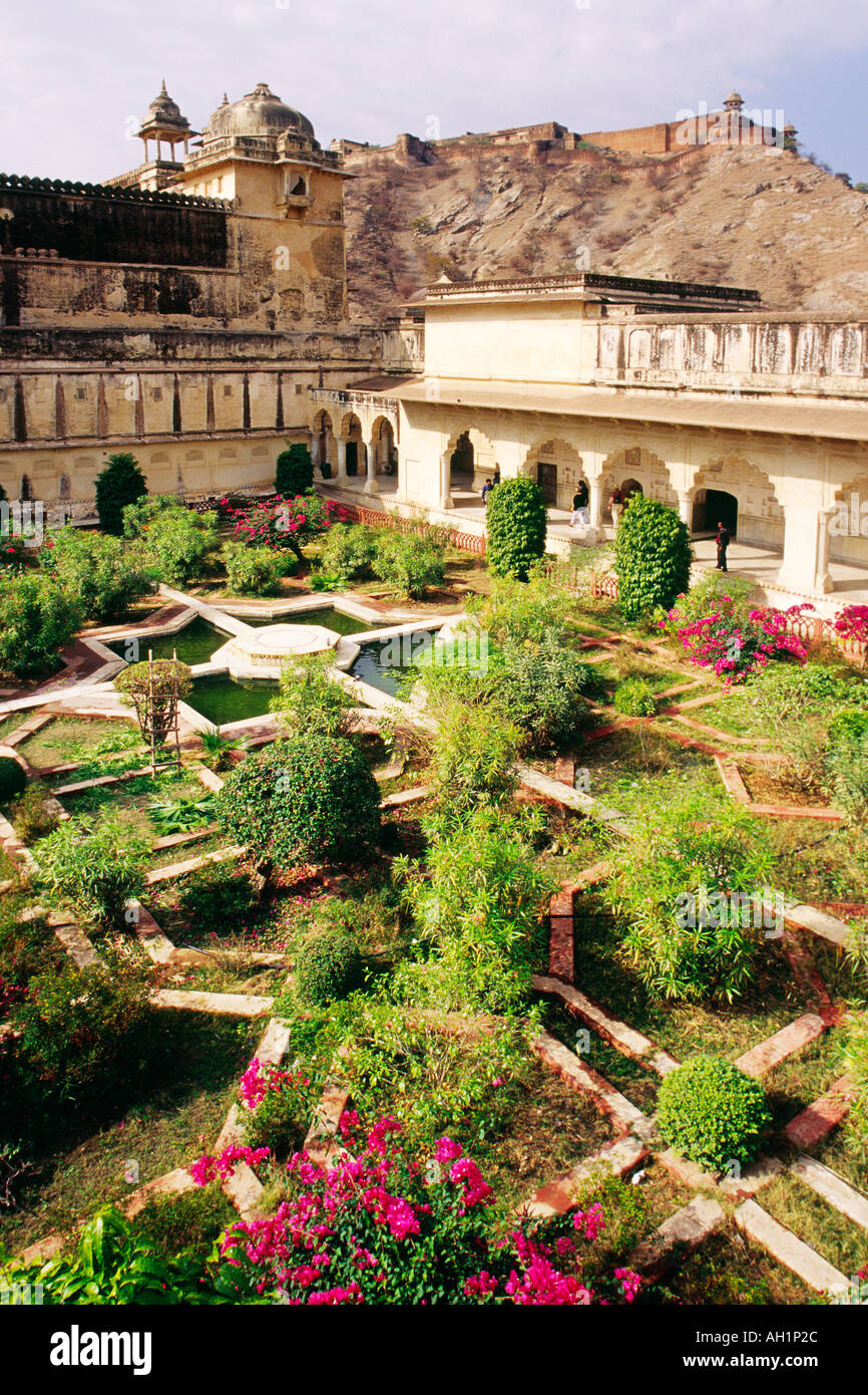 Ornate patterned garden inside the courtyard of Amber Palace fort on top of the mountain Jaipur India Asia Stock Photo