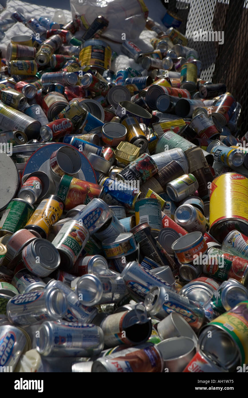 Recycling tin aluminum and aluminium close up of cans in a recycling
