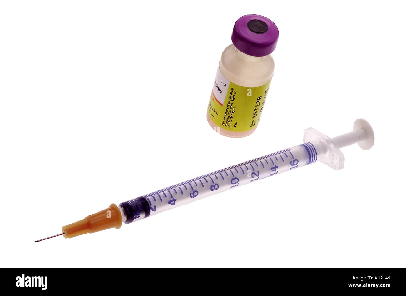 syringe and vial of vaccine silhouetted on white background Stock Photo