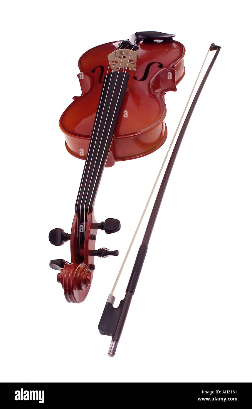 Violin and bow silhouetted on white background Stock Photo
