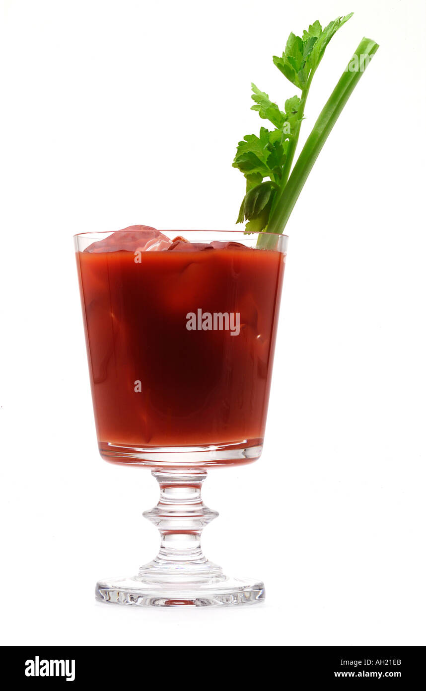 A Bloody Mary cocktail with celery stick silhouetted on white
