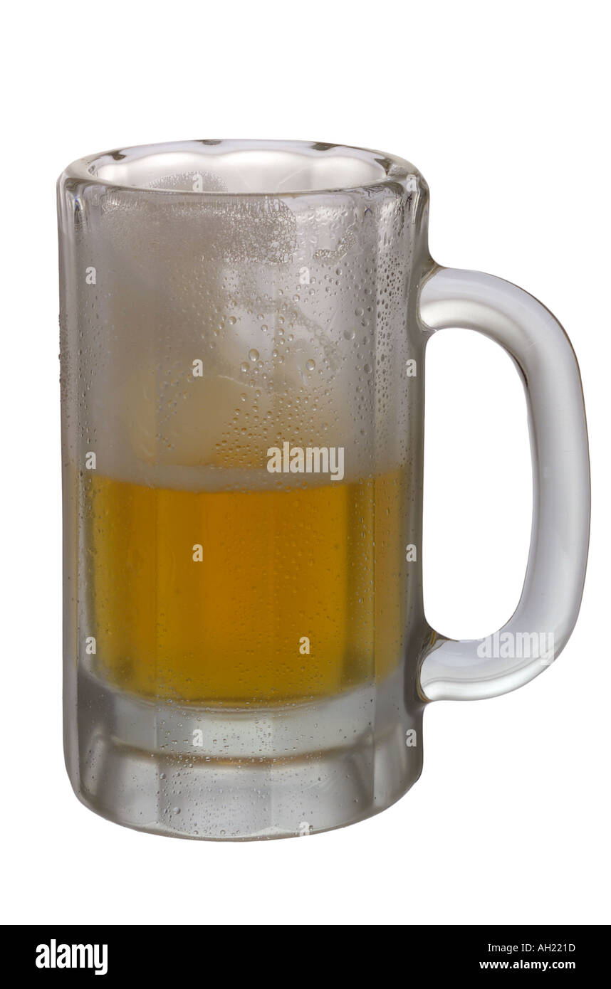 A half-full mug of beer silhouetted on white background Stock Photo