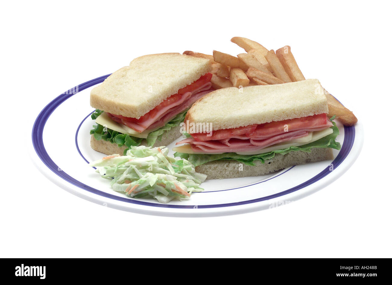 ham and swiss cheese sandwich with coleslaw and french fries on plate silhouetted on white
