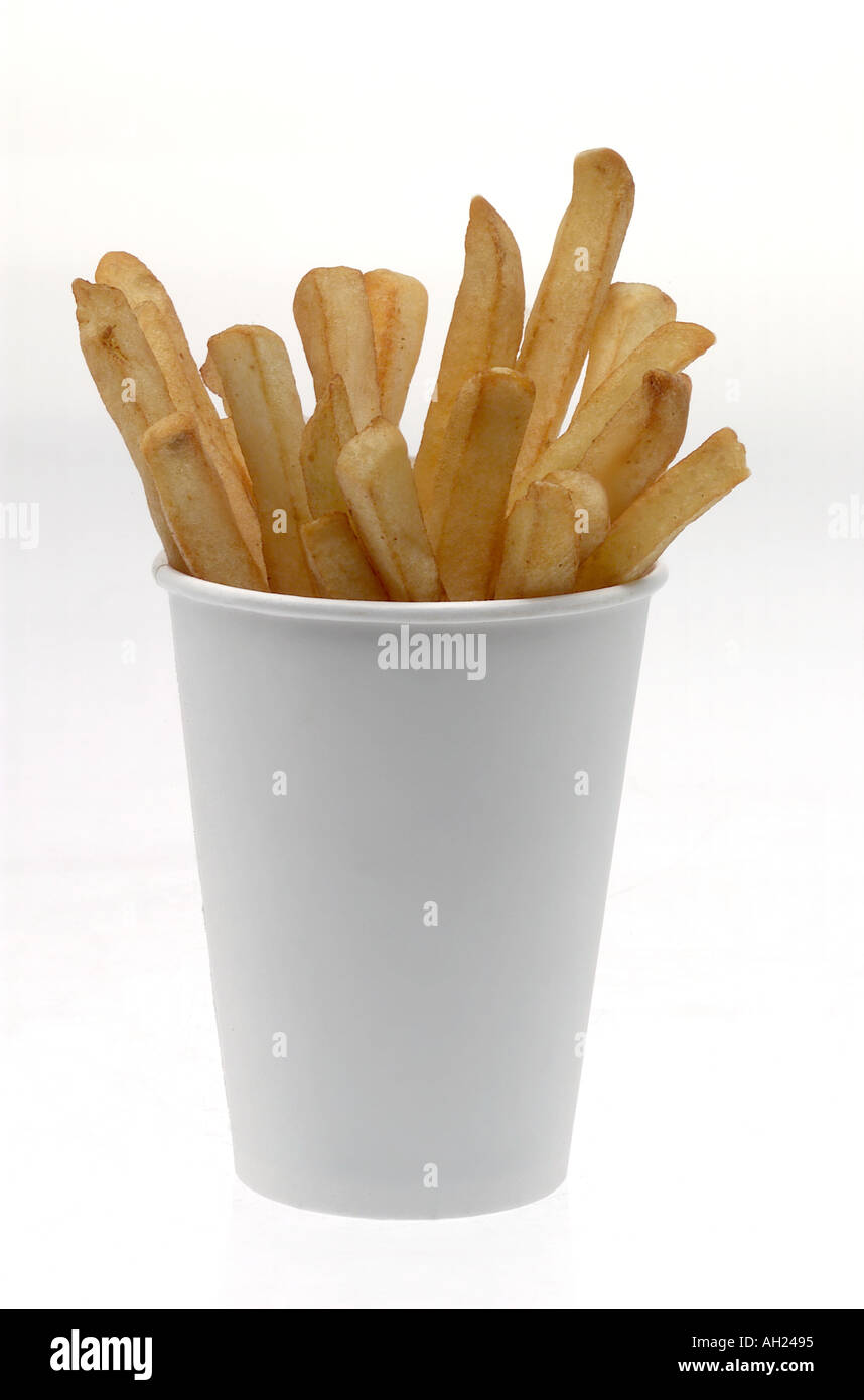 French fries in a white take-out cup silhouetted on white background Stock Photo
