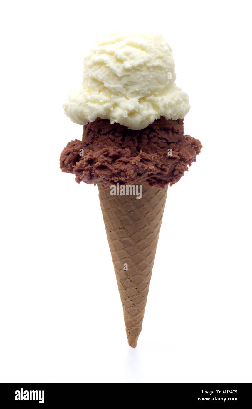 Double scoop vanilla and chocolate ice cream sugar cone still life white background Stock Photo