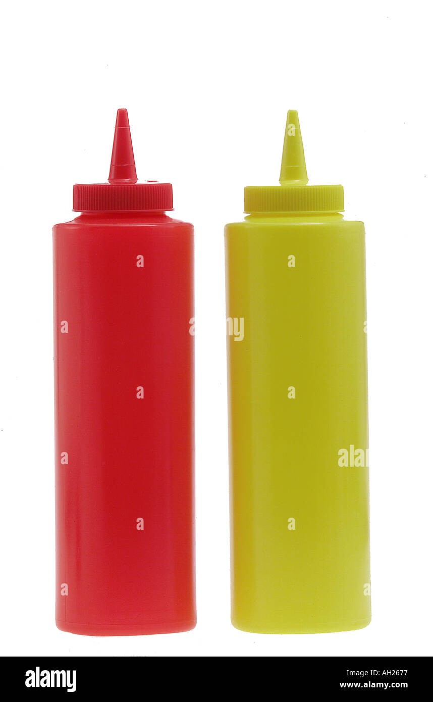 plastic ketchup and mustard bottles silhouetted on white background Stock Photo