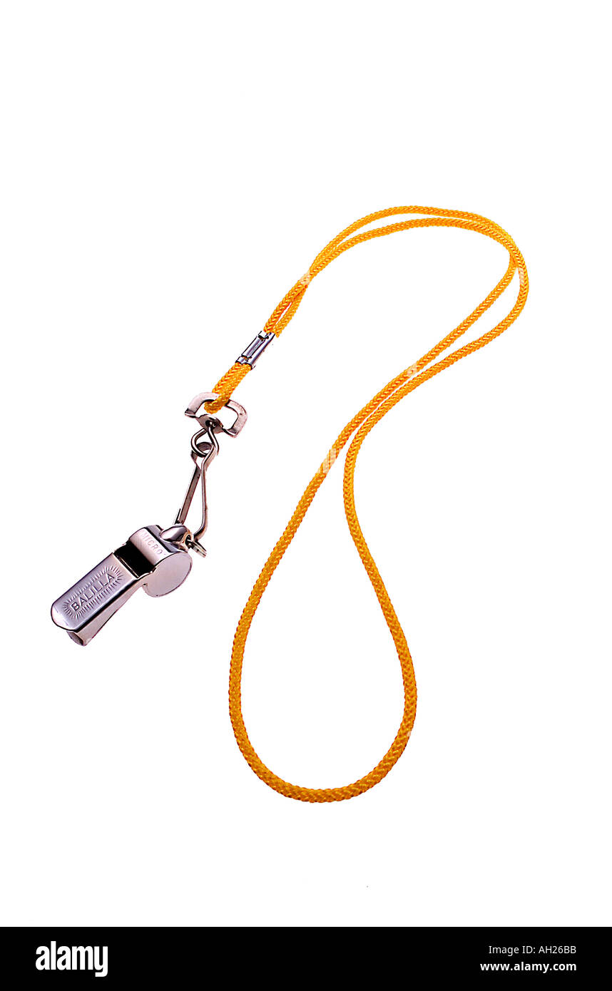 Referee whistle on a yellow lanyard silhouetted on white background Stock Photo