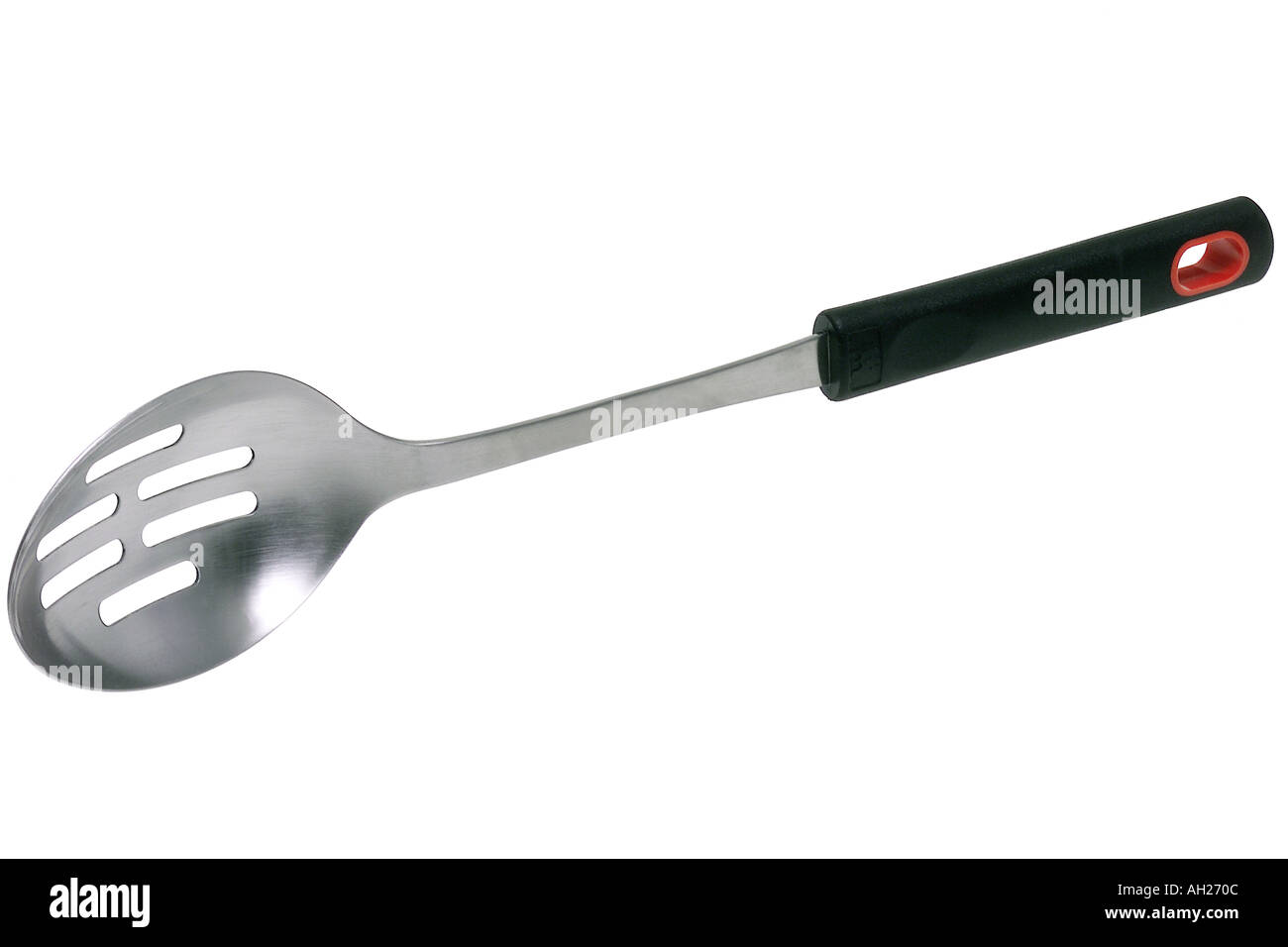 Slotted spoon with black silicon handle silhouetted on white background