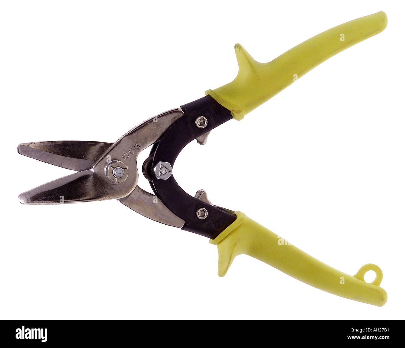 yellow wire cutters tin snips silhouetted on white background Stock