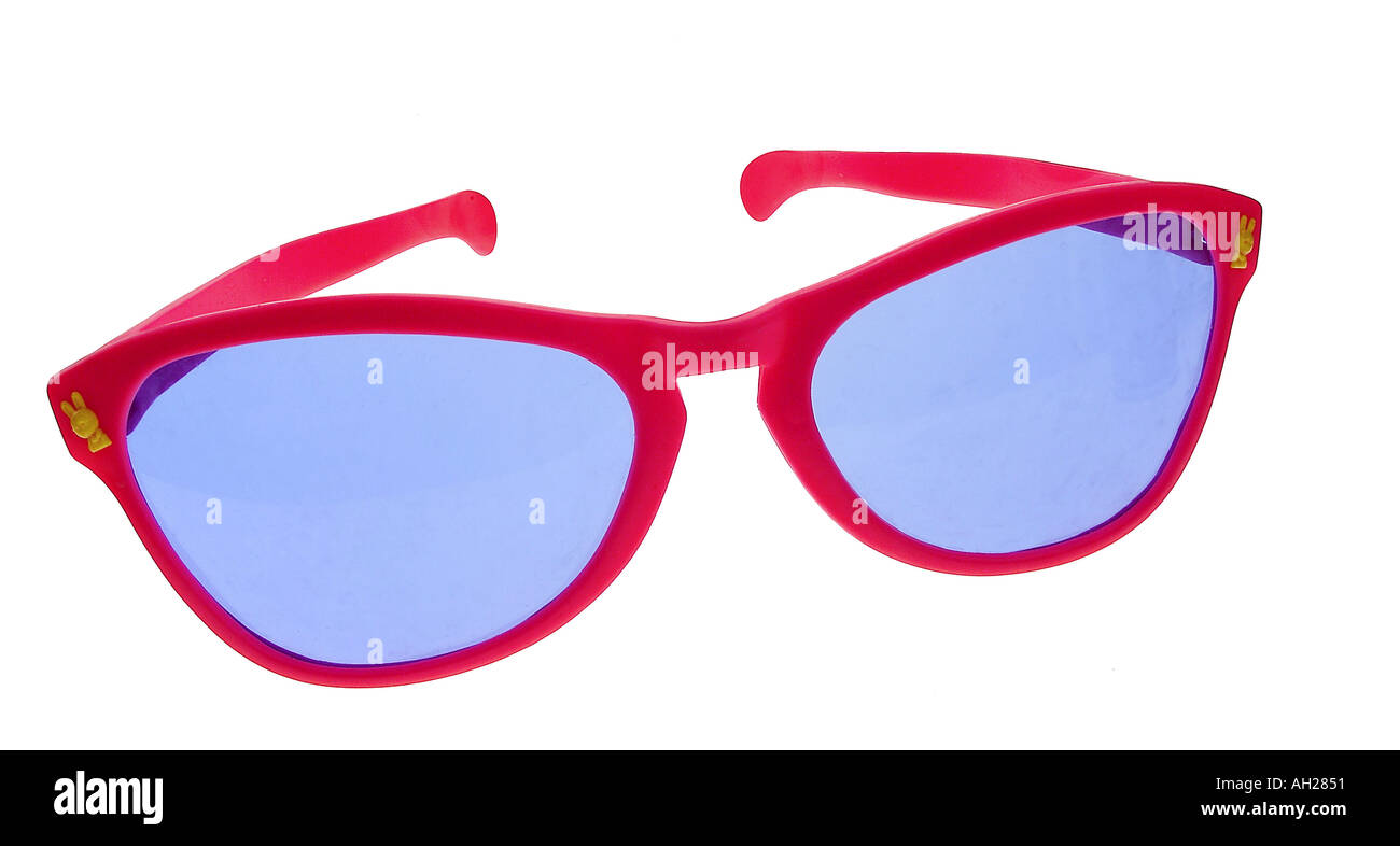 pink sunglasses with blue lenses silhouetted on white background Stock Photo