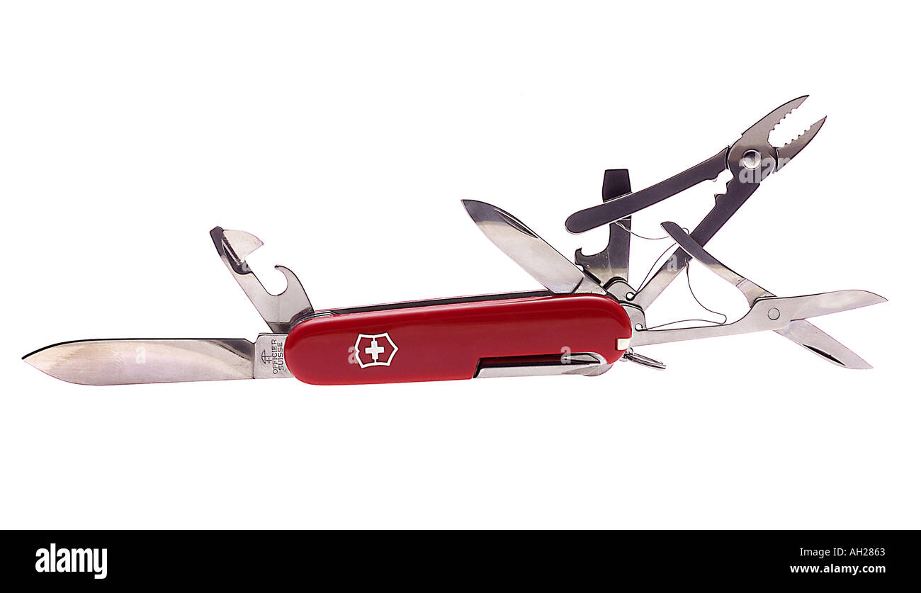 red swiss army knife silhouetted on white background Stock Photo