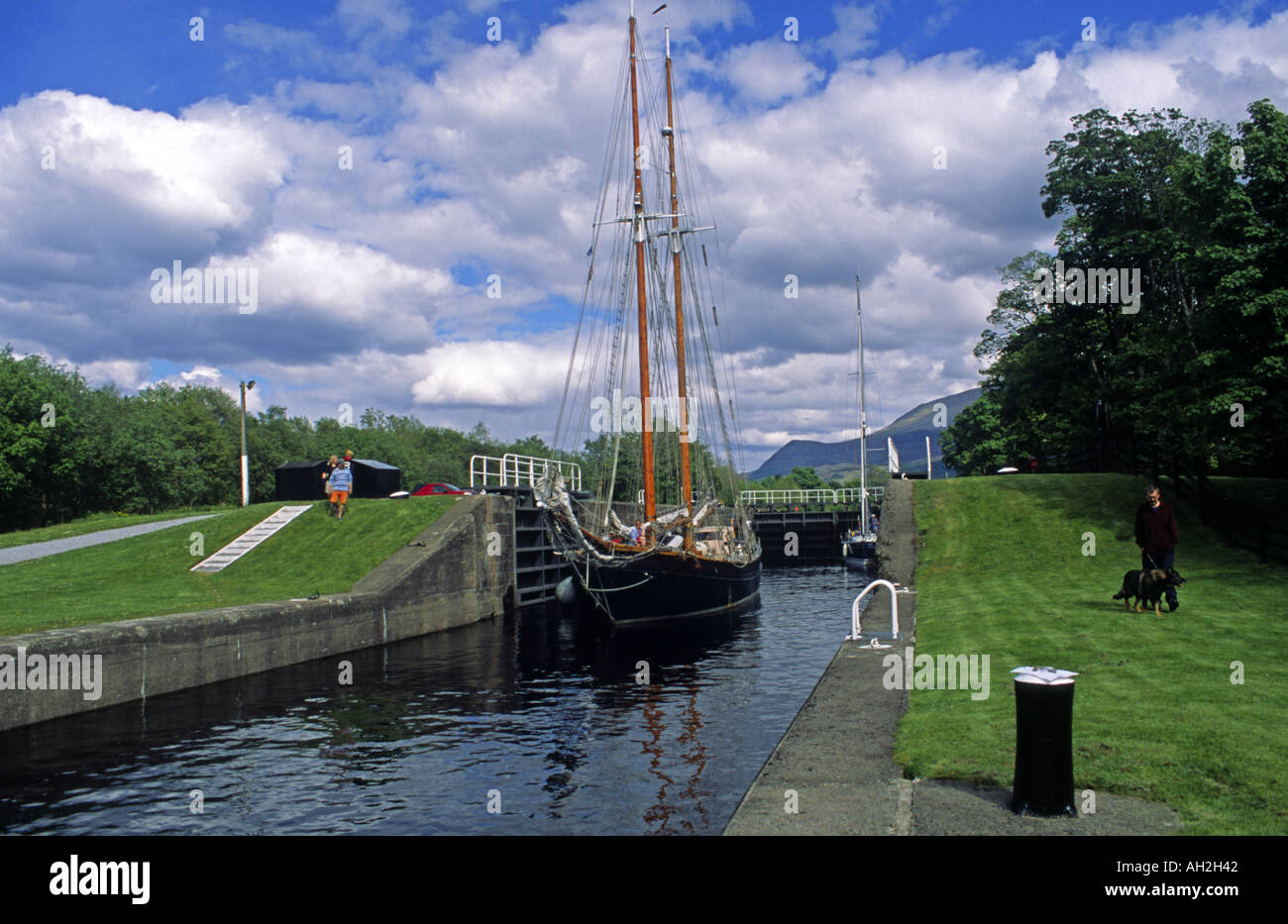 A scooner from Aaland Islands passing through Corpach basin in the Caledonian Canal Scotland Stock Photo