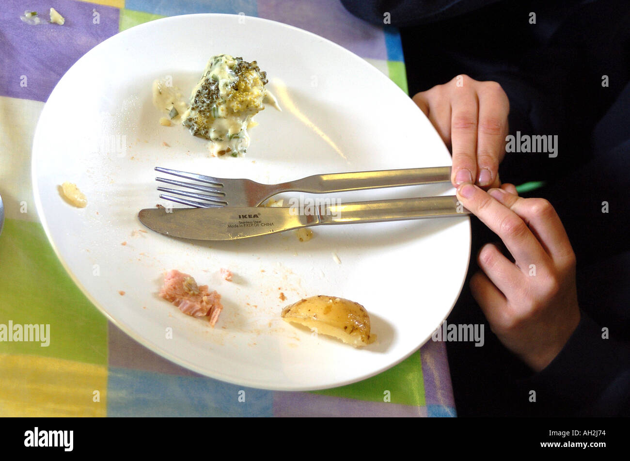 A schoolchild sits with an empty lunch plate Stock Photo