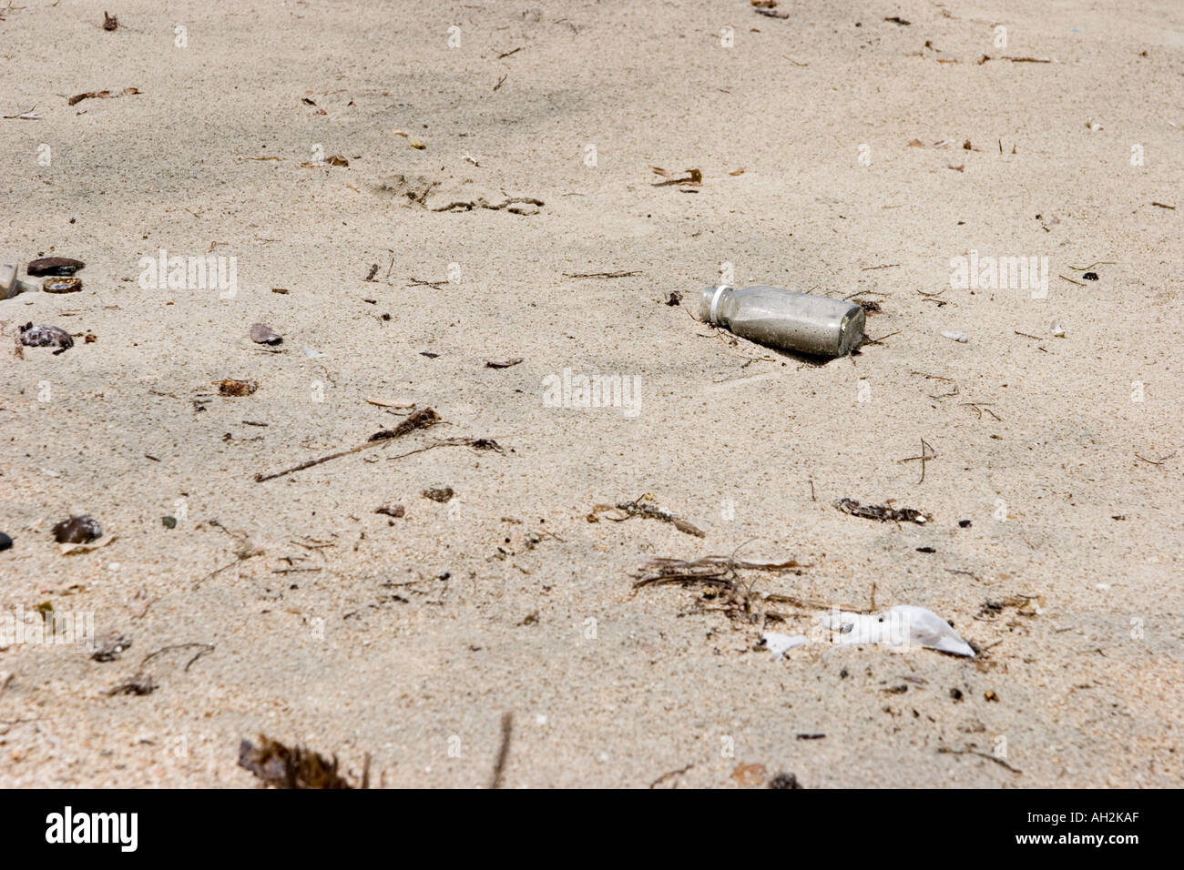Trash on a polluted beach Stock Photo