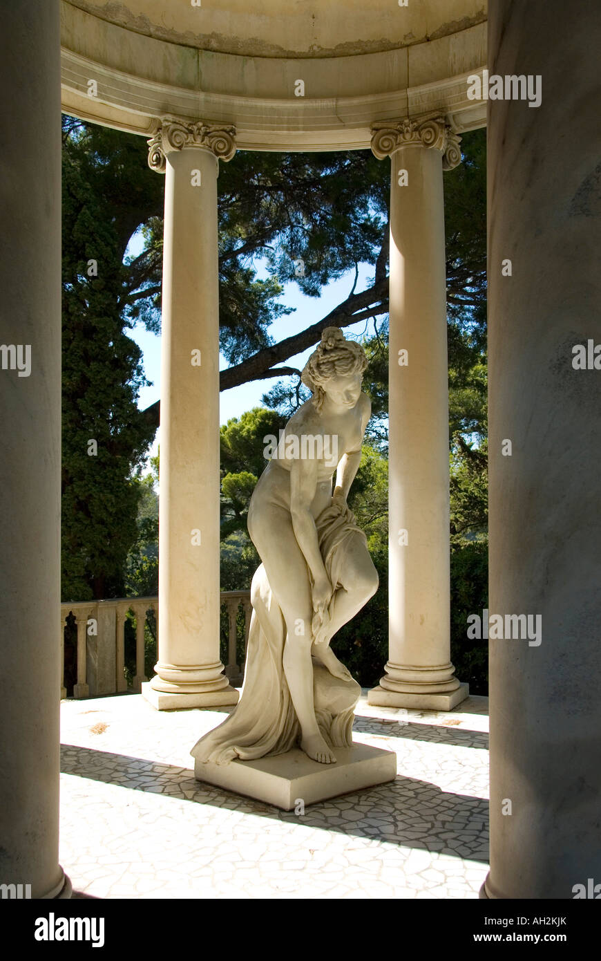 A marble statue of a nymph in the garden of Villa Ephrussi de