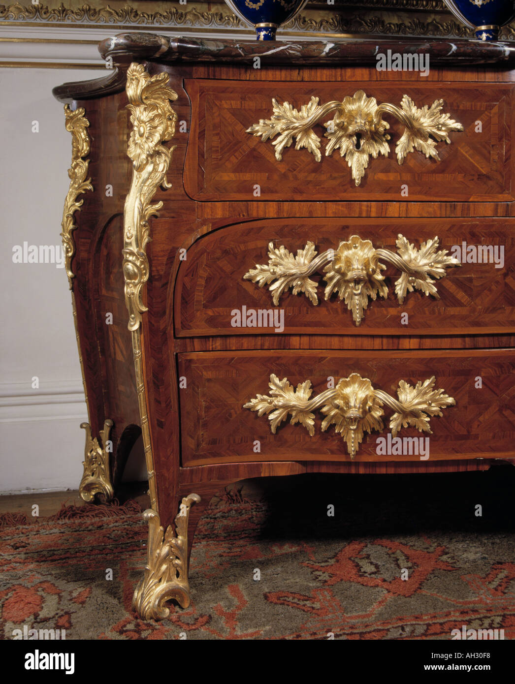 Ornate Gilt Handles On Rose Wood Inlaid Antique Chest Of Drawers