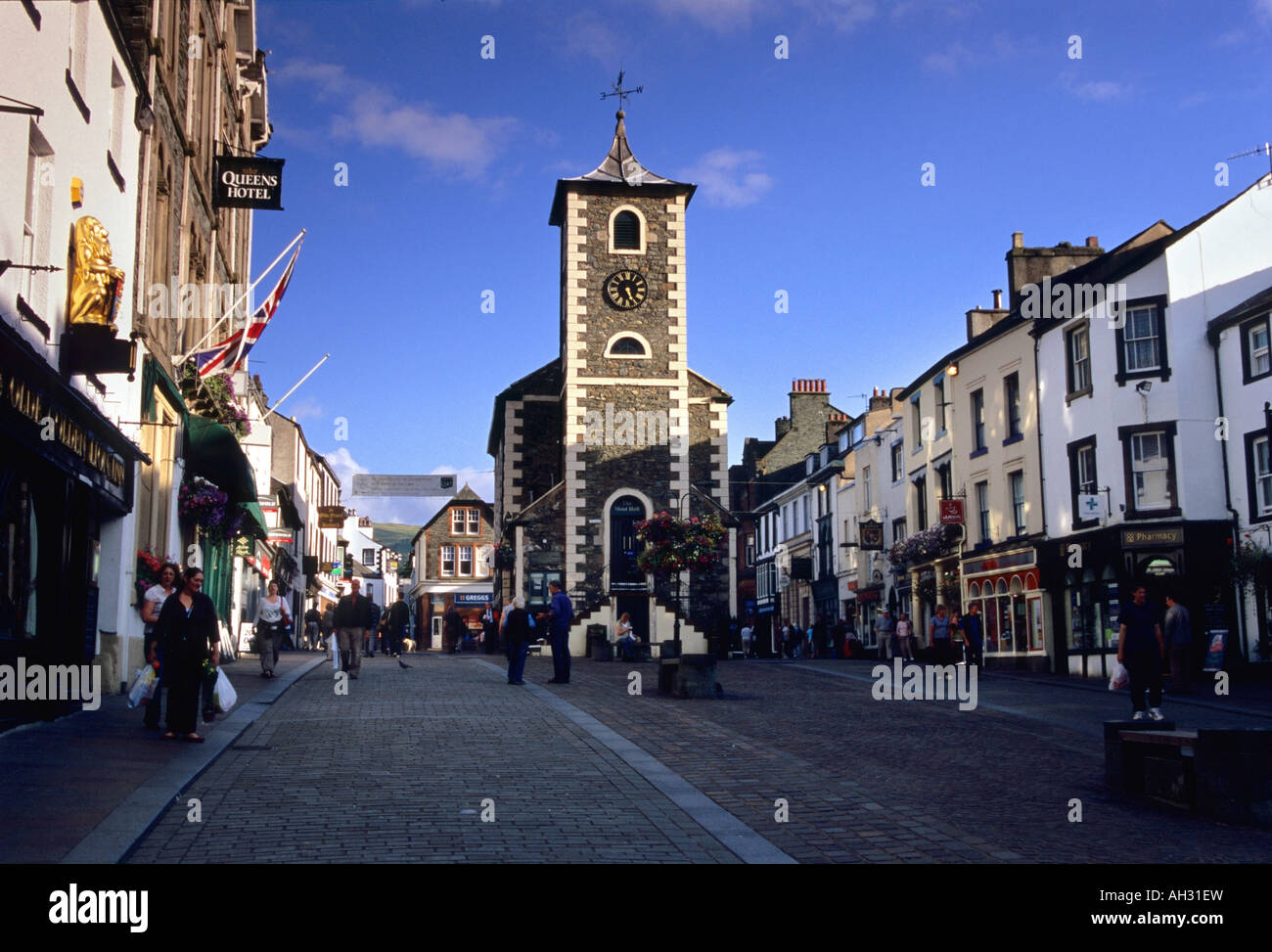 The Market Place and Moot Hall, Keswick, Cumbria, UK Stock Photo