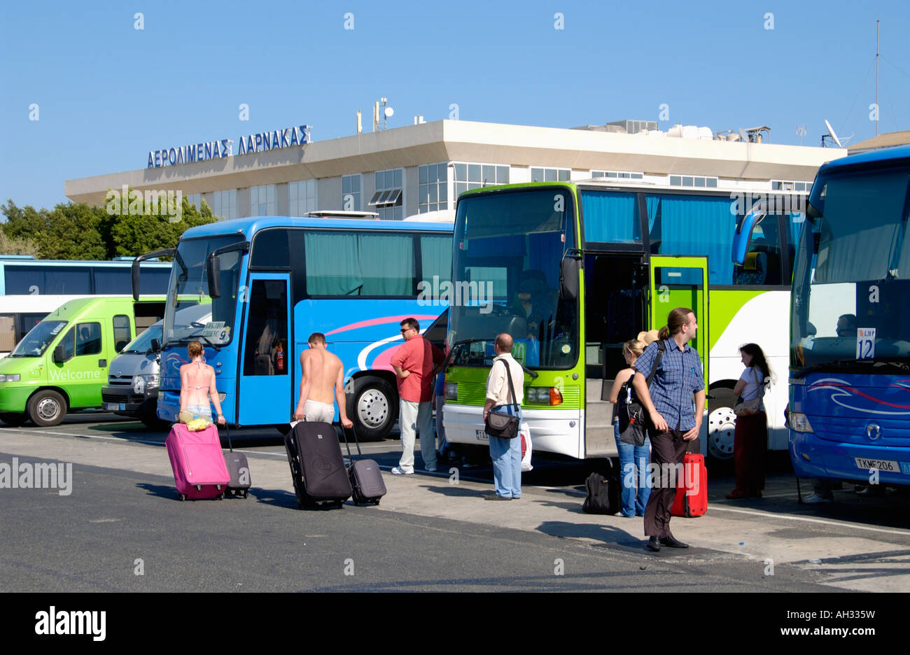 Coaches for arrivals and departures at Larnaca Airport on the