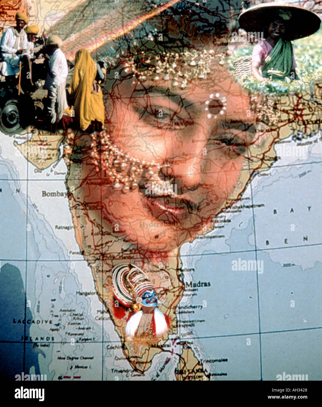 ' The Face of India 'Composite image map of India superimposed with cultural regional aspects Stock Photo