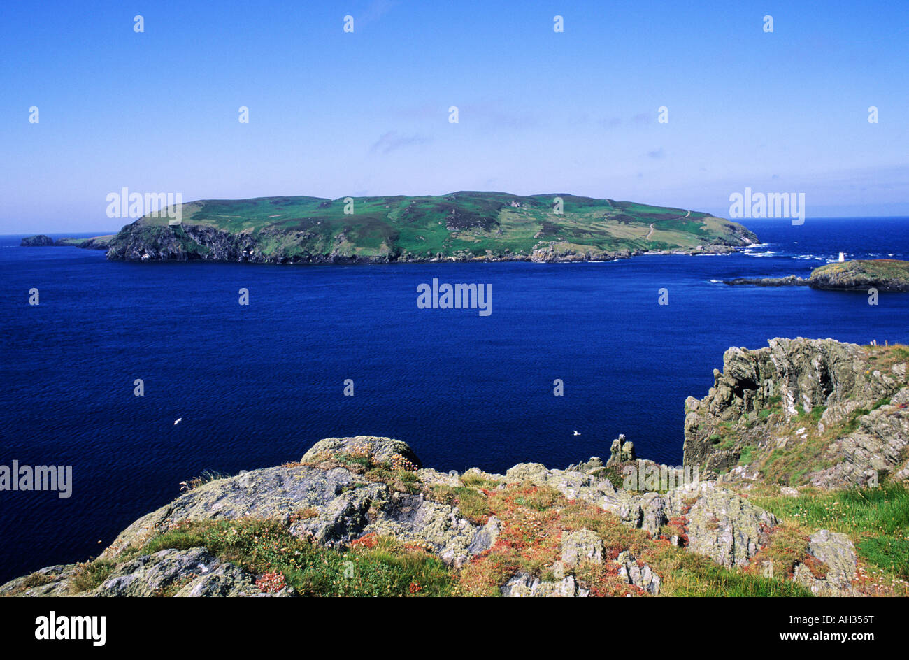 Calf and Sound of Man uninhabited island Isle of Man coast coastal Stock Photo