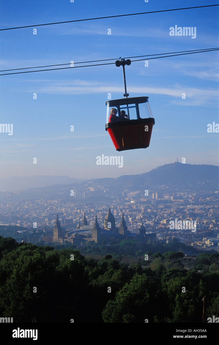 The cable car to the castle at Montjuic Barcelona Spain with the Palau ...