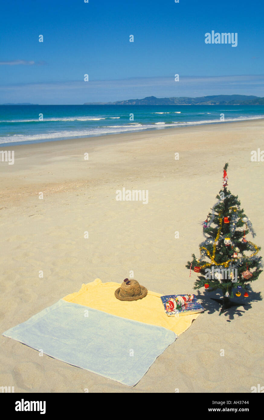 Surreal christmas down under with a traditional decorated christmas tree and presents on a new 