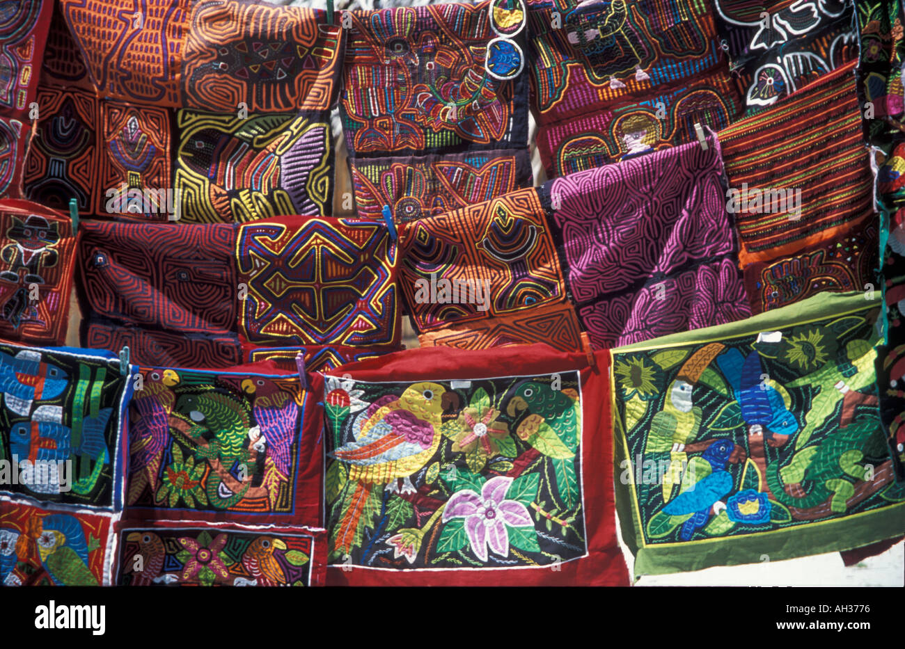 Colourful Molas a traditional blouse on display for sale on The San Blas Islands made by The Kuna Indian women Panama Stock Photo