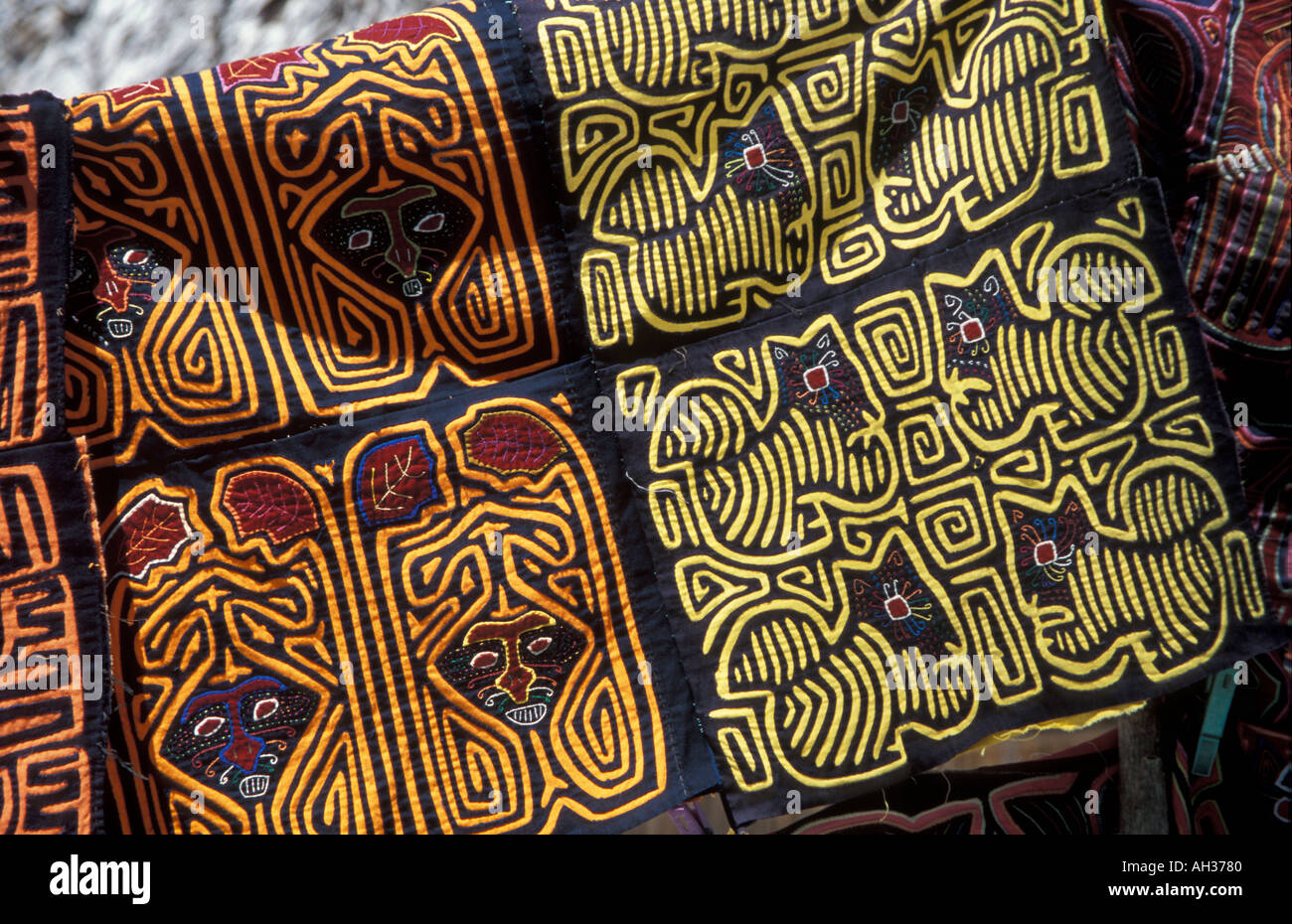 Colourful Molas hand made by Kuna women on The San Blas Islands Panama and worn by the women as traditional blouses Stock Photo