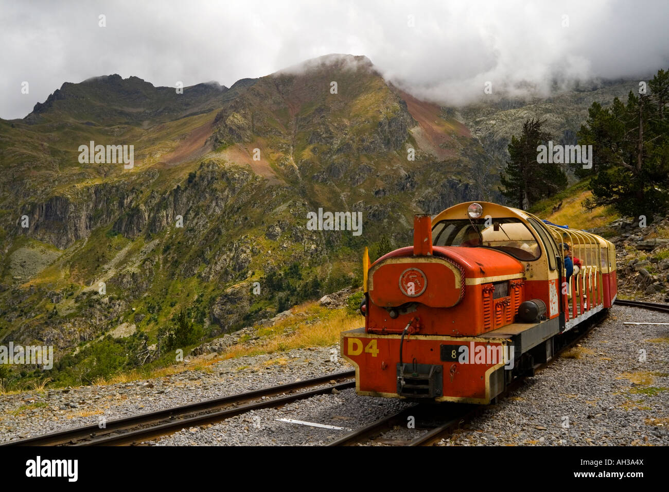 Train on line between Artouste Pic de la Sagette in the Parc National des Pyrenees south west France the highest train in Europe Stock Photo