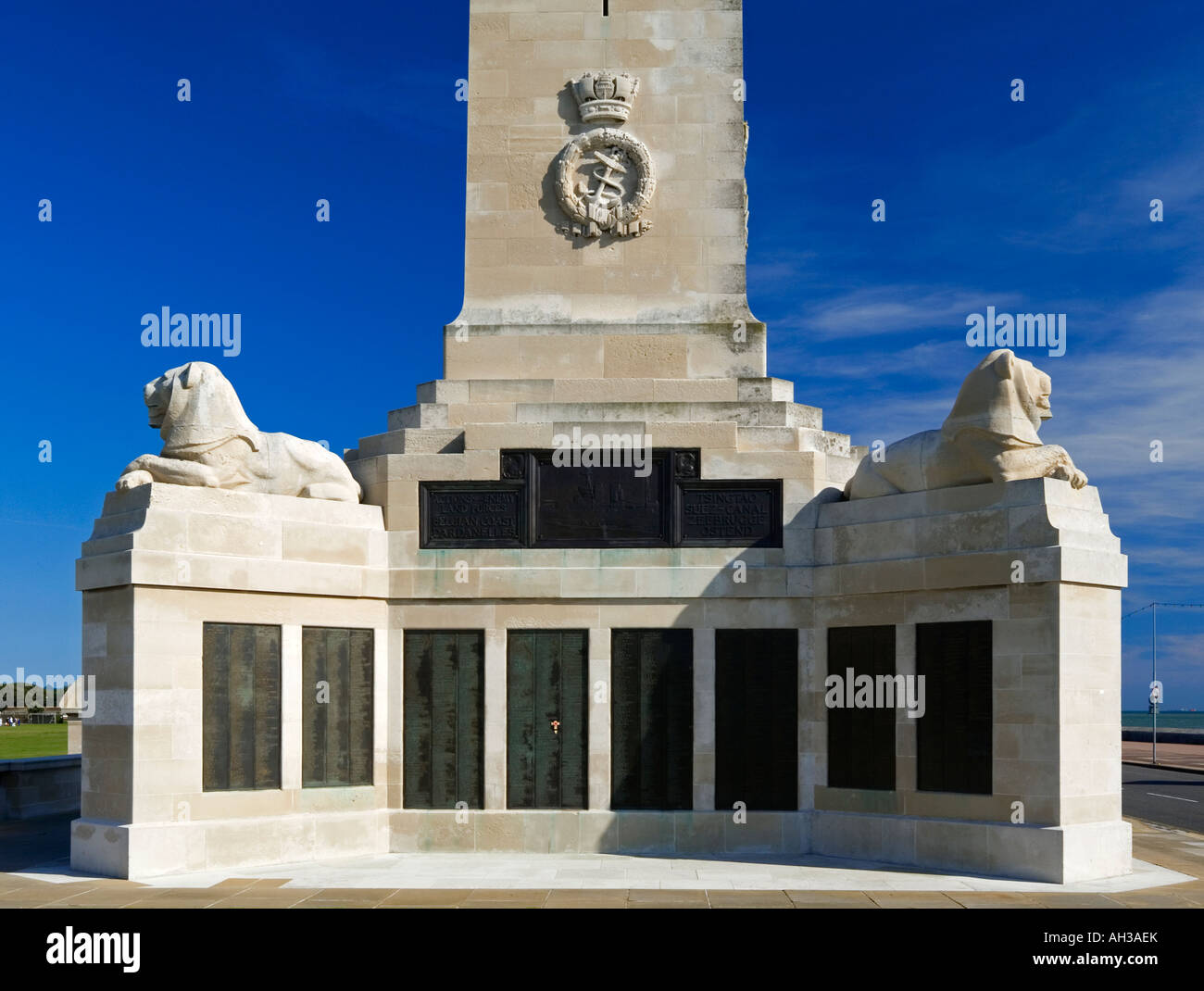 Bottom plinth with lions on Portsmouth Naval Memorial Southsea Hampshire England UK  built by Commonwealth War Graves Commission Stock Photo