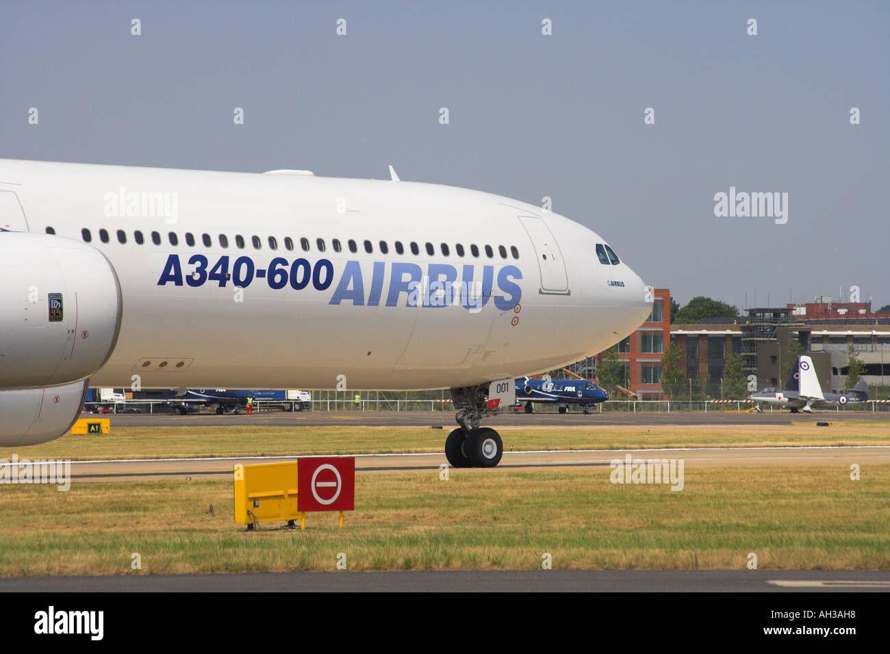 Airbus A340 600 taxiing after landing at Farnborough Stock Photo