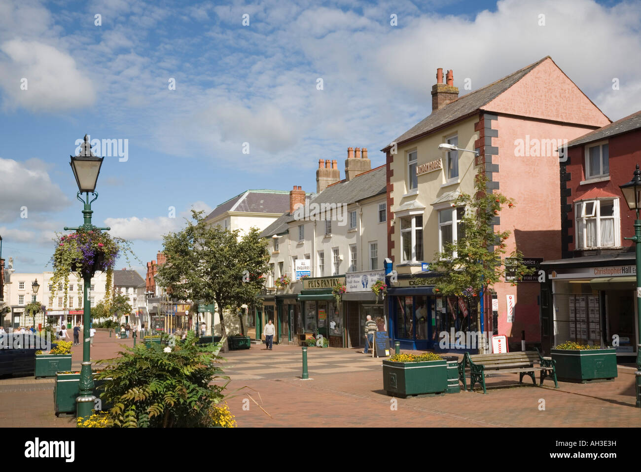 Pedestrian High Street shopping precinct in town centre in summer