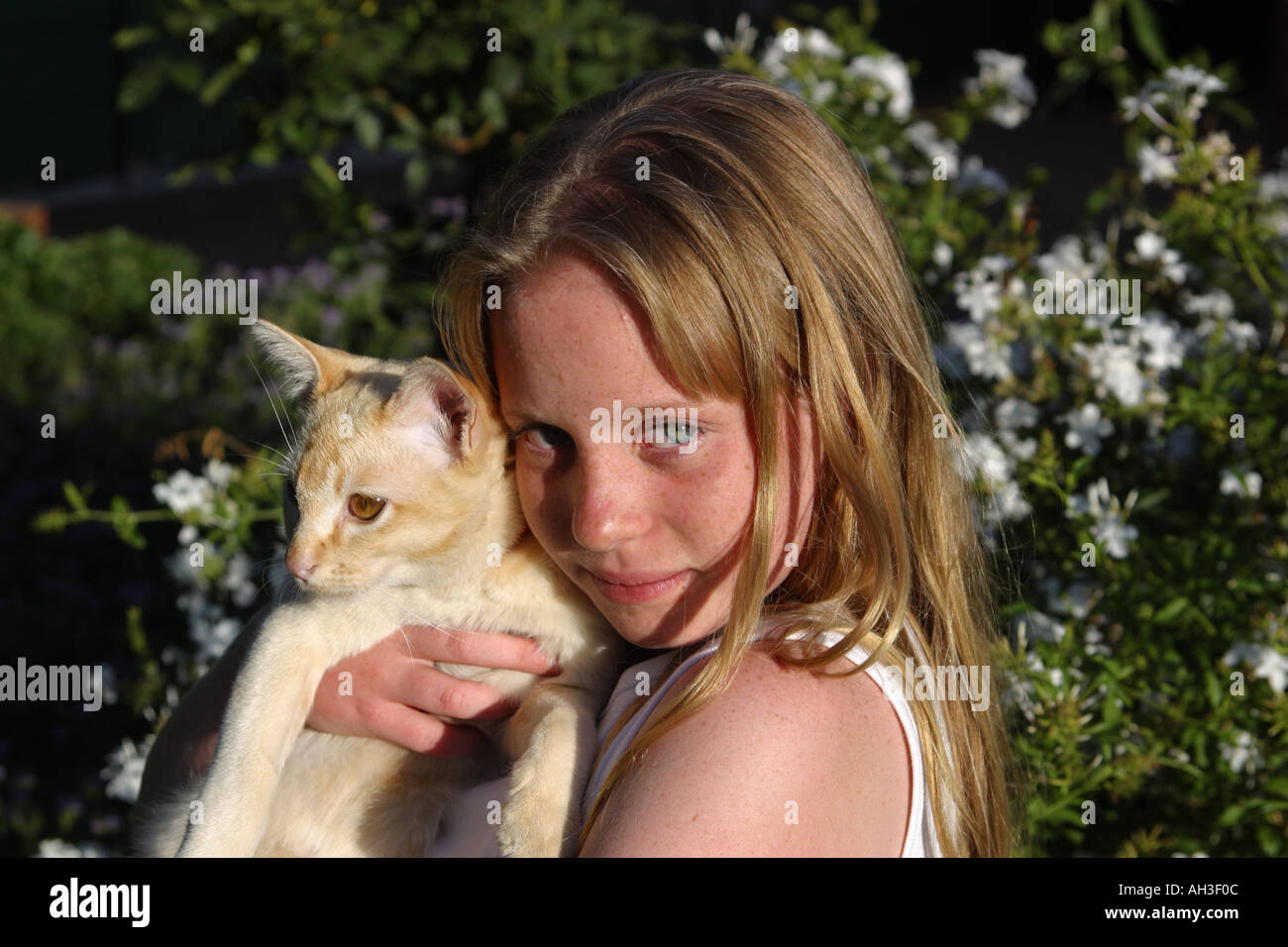 Young girl cuddling her cat Stock Photo